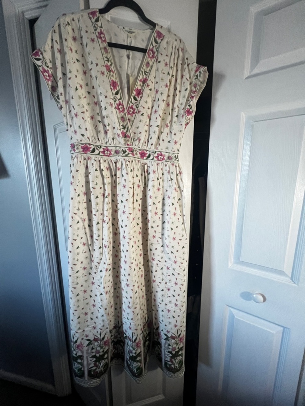Max Studio Cream Midi Dress with Pink Floral Trim